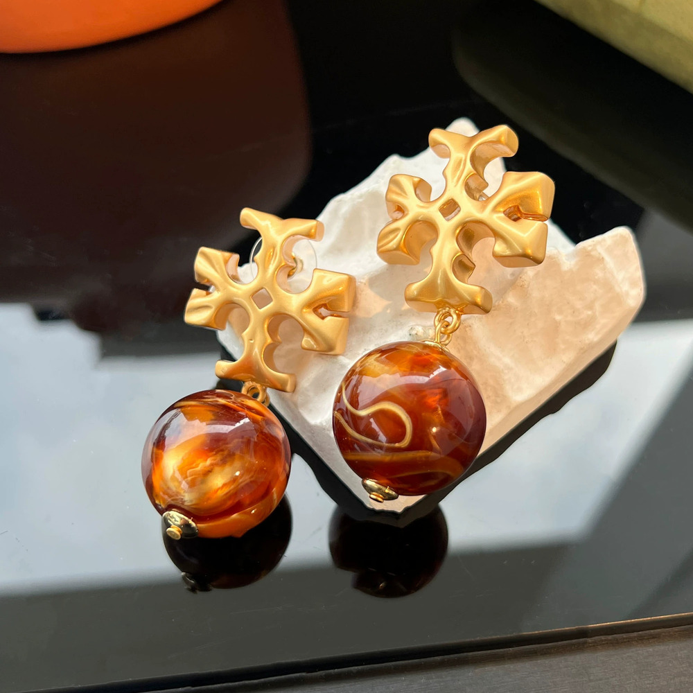 Tory Burch Matte Gold Amber Iridescent Bead Drop Earrings